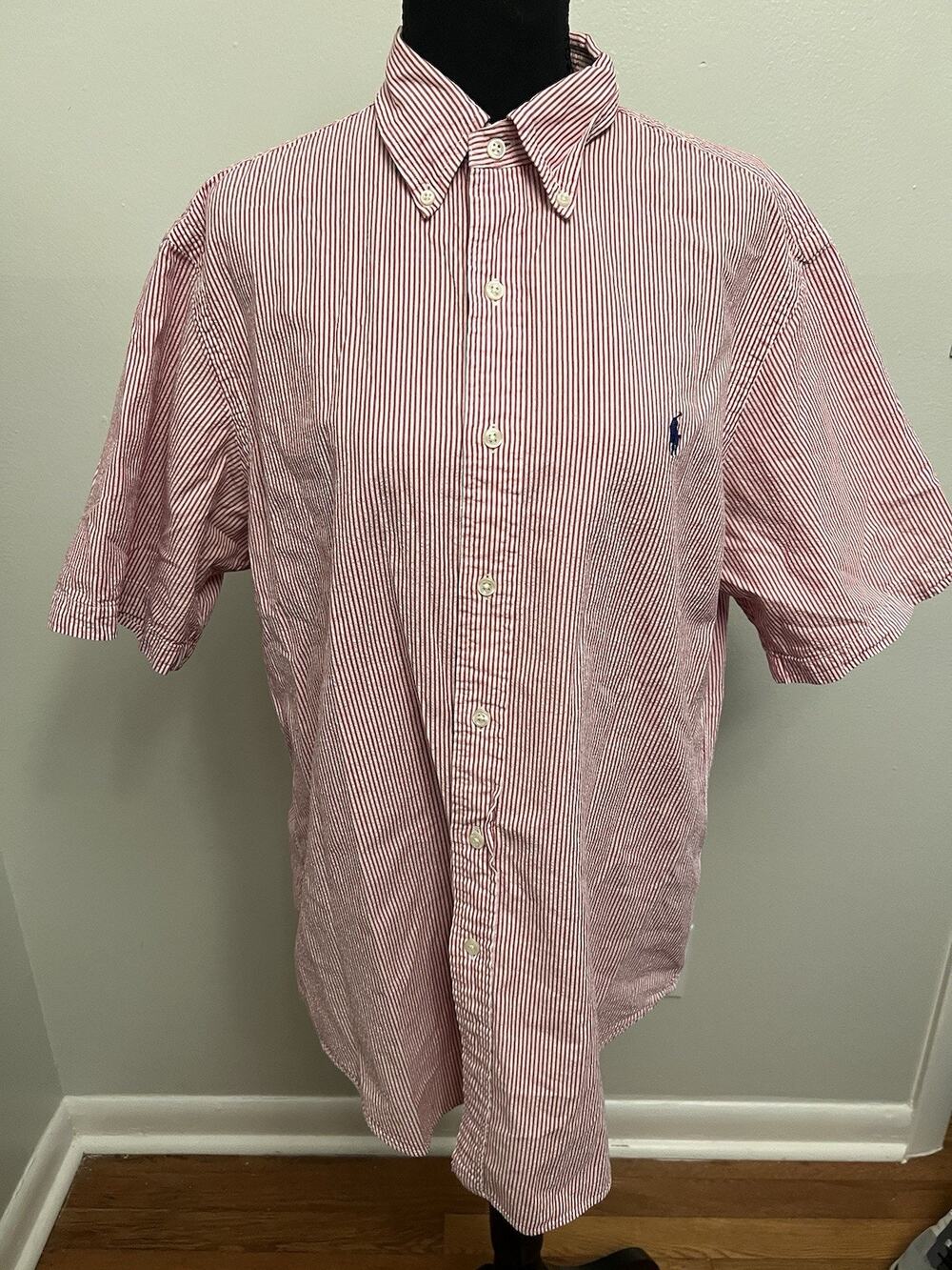 Polo Ralph Lauren Shirt Mens Large Red White Pinstripe Button Cotton Classic Fit